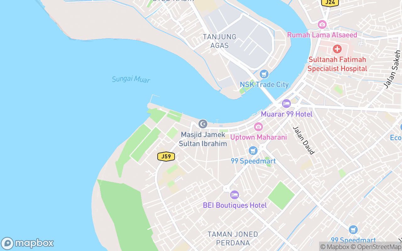 Map showing the location of Masjid Jamek Sultan Ibrahim Muar