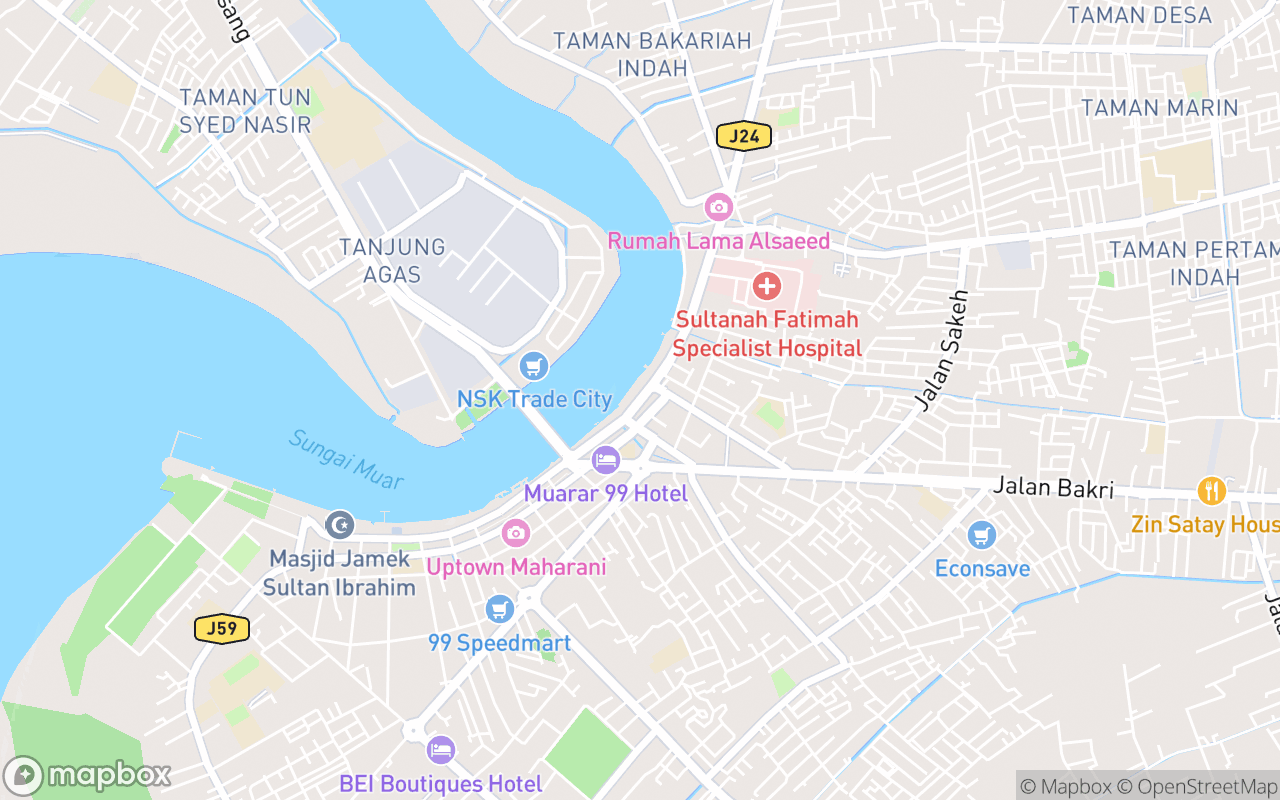Map showing the location of Pasar Awam Muar