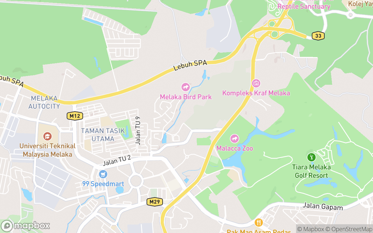 Map showing the location of Melaka Wonderland Theme Park and Resort