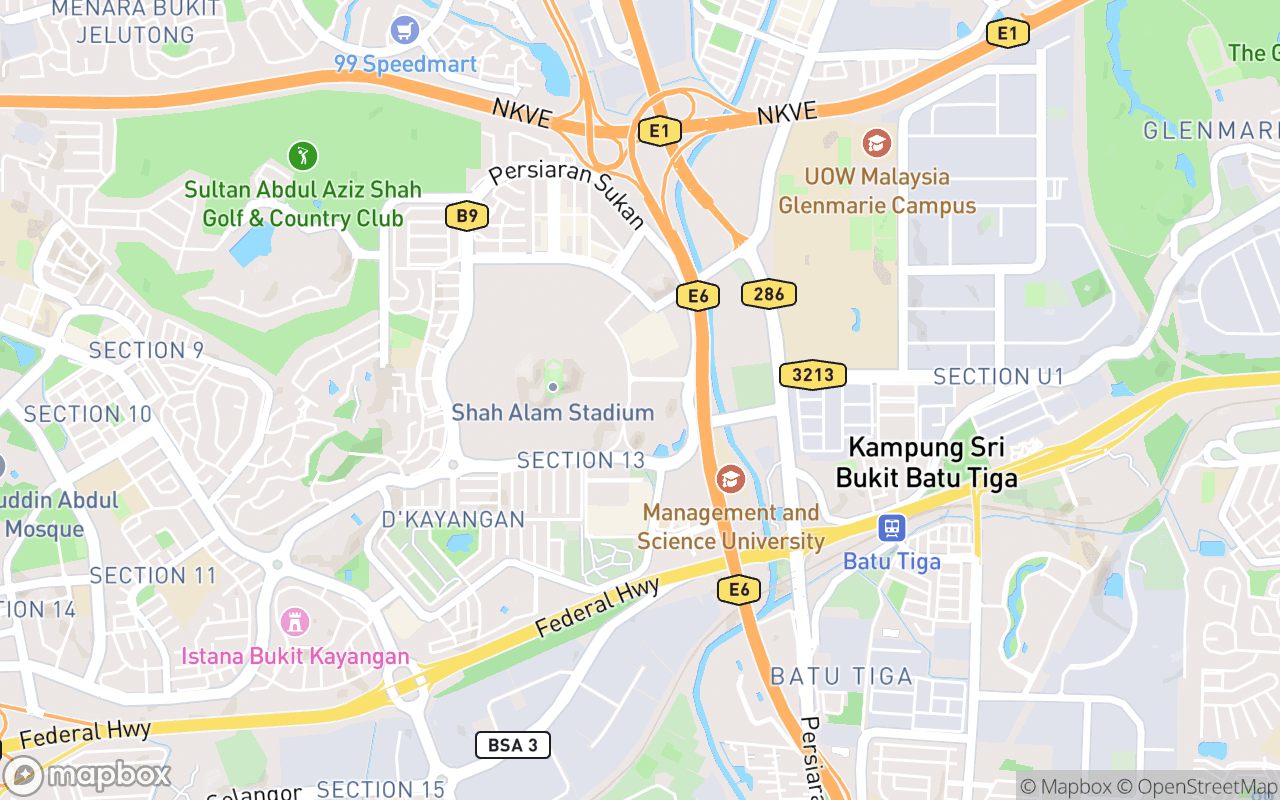 Map showing the location of Bazarena Stadium Shah Alam 