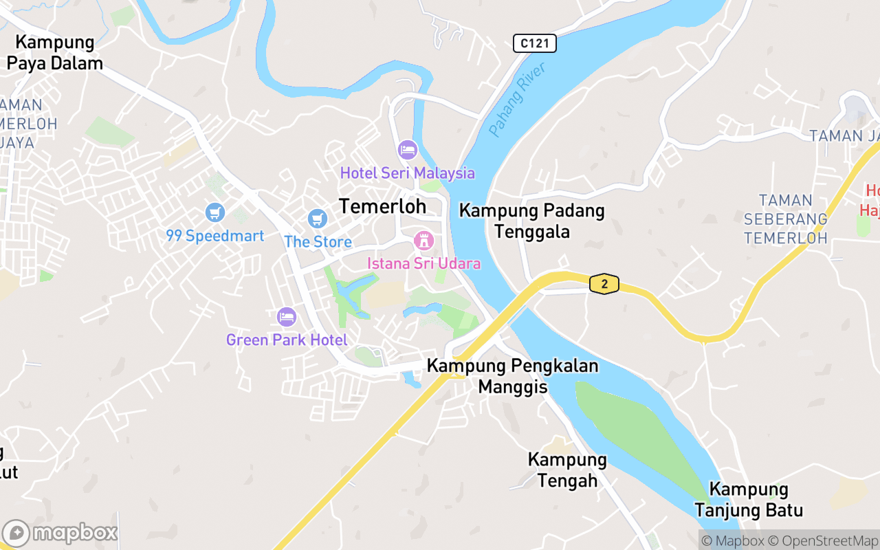 Map showing the location of Temerloh Stadium