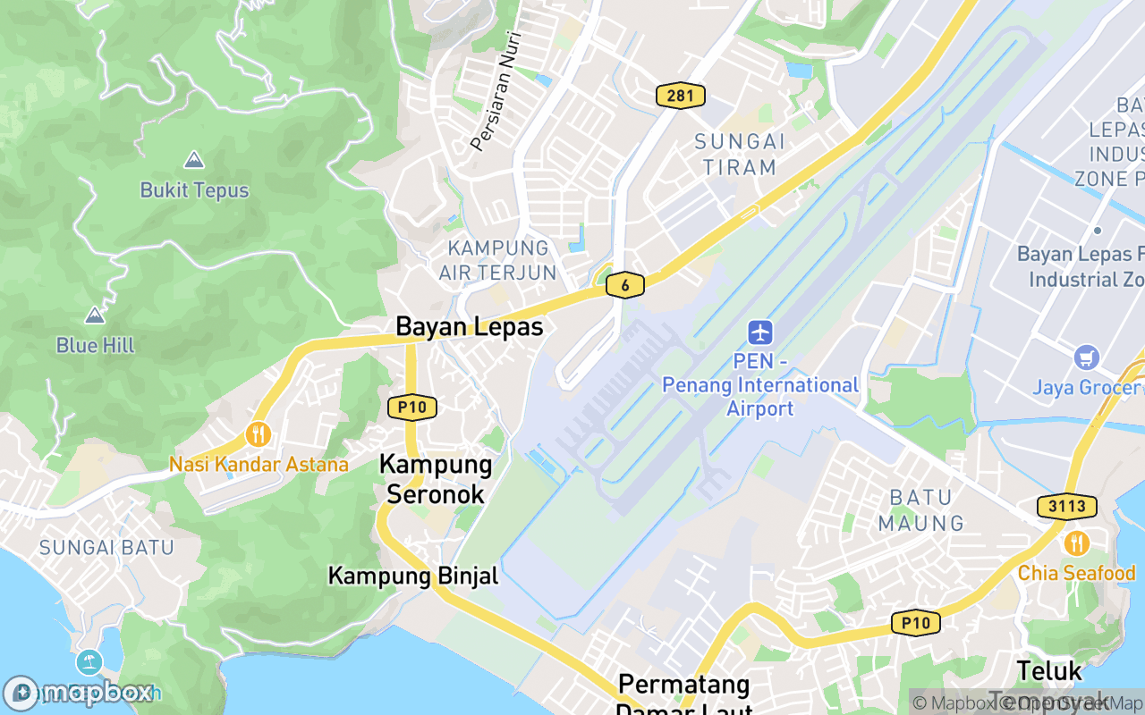 Map showing the location of Penang International Airport