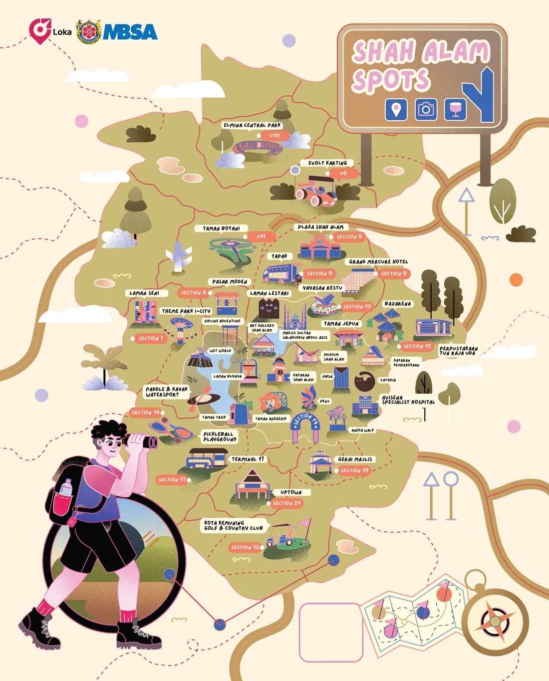 Shah Alam Spots: illustrated map of the city, from the Blue Mosque and Taman Tasik to i-City, Taman Botani and Evolt Karting